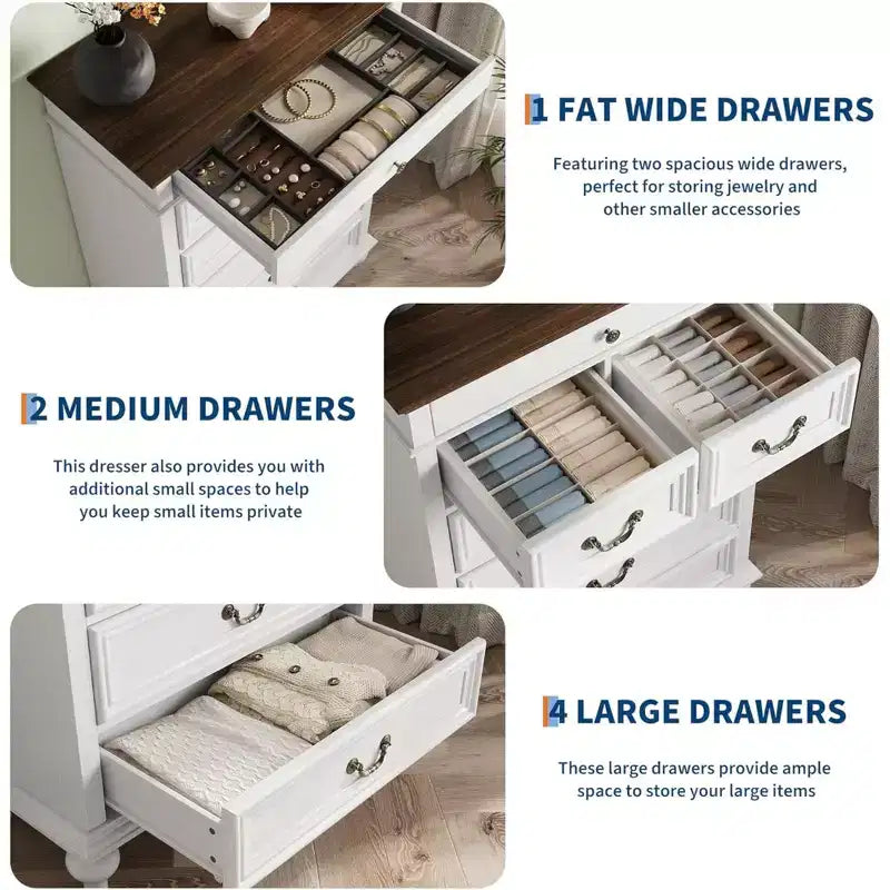 Commode GustoWave, commode de ferme en bois à 7 tiroirs pour chambre à coucher, salon, couloir