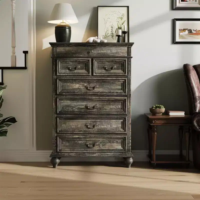 Commode GustoWave, commode de ferme en bois à 7 tiroirs pour chambre à coucher, salon, couloir
