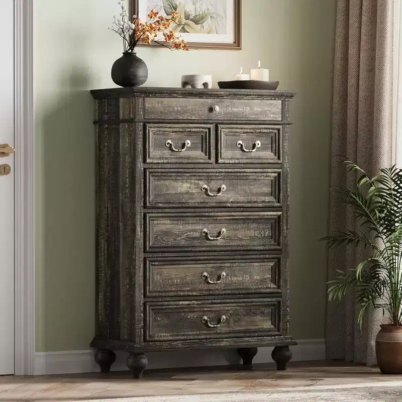 Commode GustoWave, commode de ferme en bois à 7 tiroirs pour chambre à coucher, salon, couloir