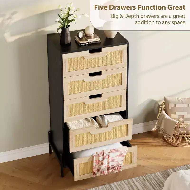 Commode à 5 tiroirs en rotin naturel, commode en bois, armoire de rangement de style ferme avec pieds en métal, commode moderne