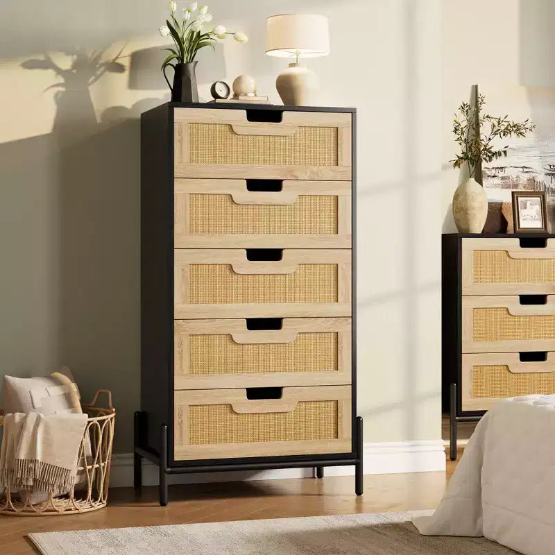 Commode à 5 tiroirs en rotin naturel, commode en bois, armoire de rangement de style ferme avec pieds en métal, commode moderne