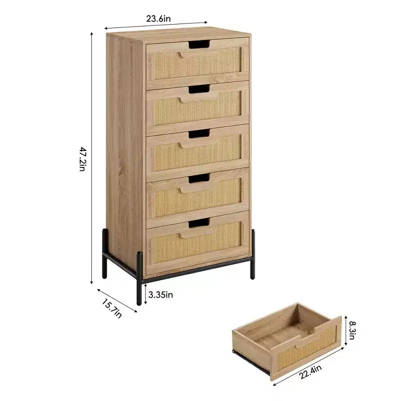 Commode à 5 tiroirs en rotin naturel, commode en bois, armoire de rangement de style ferme avec pieds en métal, commode moderne