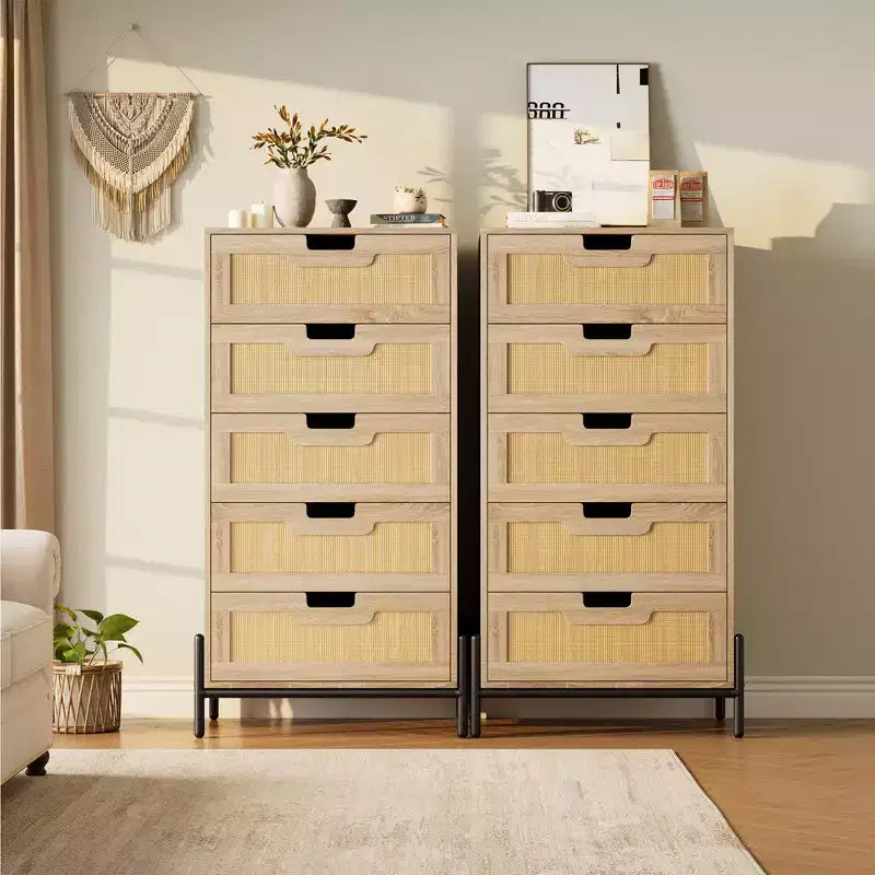 Commode à 5 tiroirs en rotin naturel, commode en bois, armoire de rangement de style ferme avec pieds en métal, commode moderne