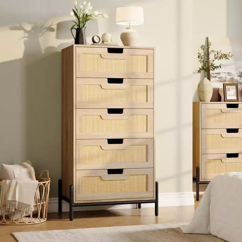 Commode à 5 tiroirs en rotin naturel, commode en bois, armoire de rangement de style ferme avec pieds en métal, commode moderne