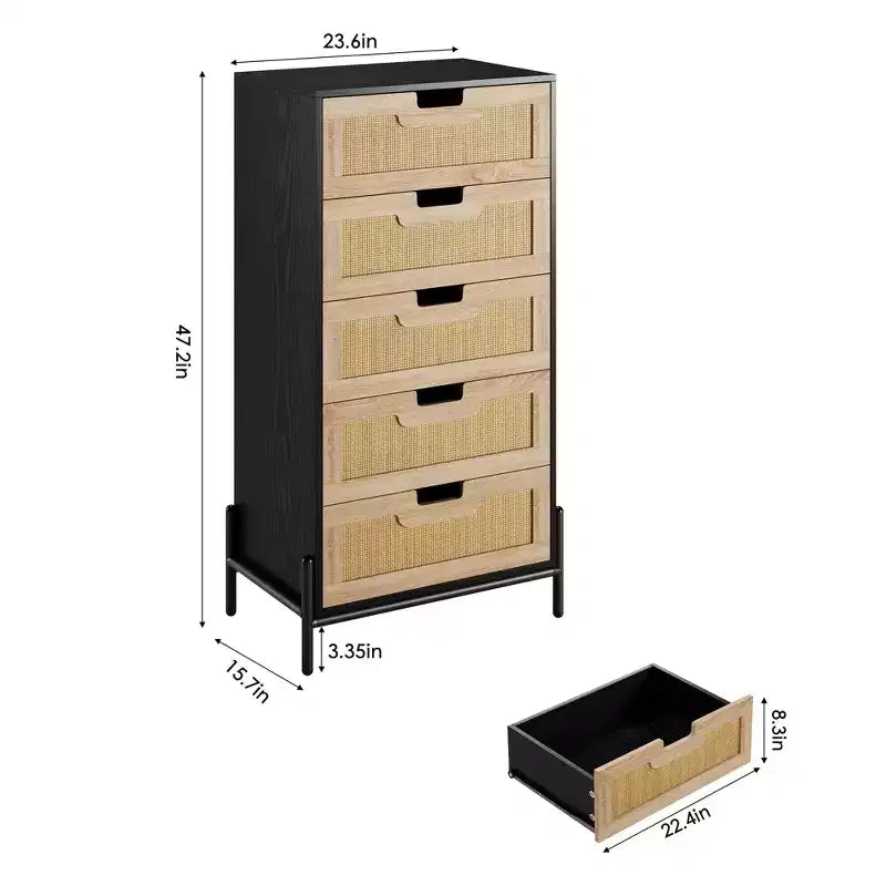 Commode à 5 tiroirs en rotin naturel, commode en bois, armoire de rangement de style ferme avec pieds en métal, commode moderne