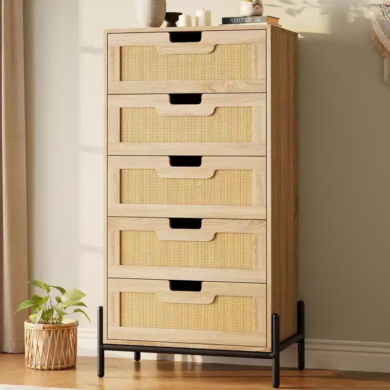 Natural Rattan 5 Drawer Dresser, Wooden Chest of Drawer, Farmhouse Storage Cabinet with Metal Legs, Modern Dresser