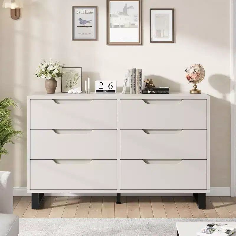 Commode à 6 tiroirs pour chambre à coucher, commode de 120 cm de large, meuble de rangement vertical autoportant avec rangement, commode de rangement en bois