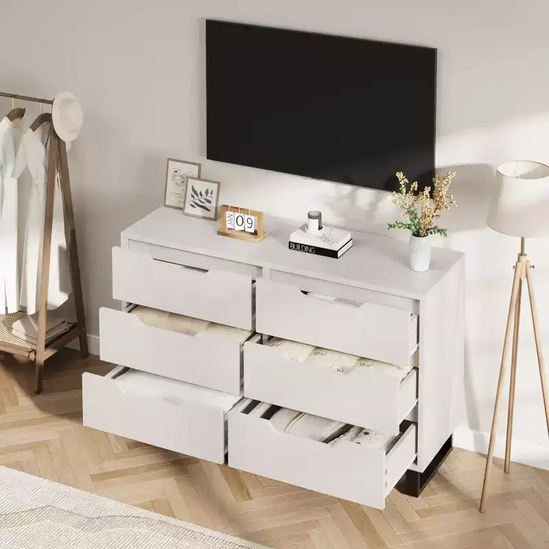 Commode à 6 tiroirs pour chambre à coucher, commode de 120 cm de large, meuble de rangement vertical autoportant avec rangement, commode de rangement en bois