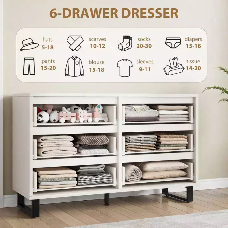Commode à 6 tiroirs pour chambre à coucher, commode de 120 cm de large, meuble de rangement vertical autoportant avec rangement, commode de rangement en bois