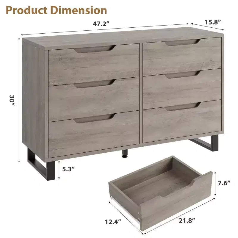 Commode à 6 tiroirs pour chambre à coucher, commode de 120 cm de large, meuble de rangement vertical autoportant avec rangement, commode de rangement en bois
