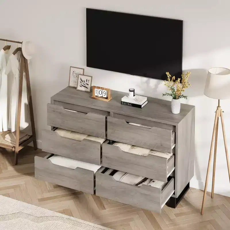 Commode à 6 tiroirs pour chambre à coucher, commode de 120 cm de large, meuble de rangement vertical autoportant avec rangement, commode de rangement en bois