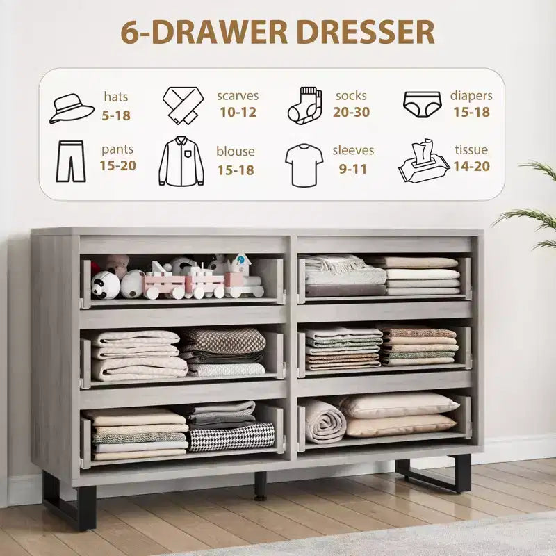 Commode à 6 tiroirs pour chambre à coucher, commode de 120 cm de large, meuble de rangement vertical autoportant avec rangement, commode de rangement en bois