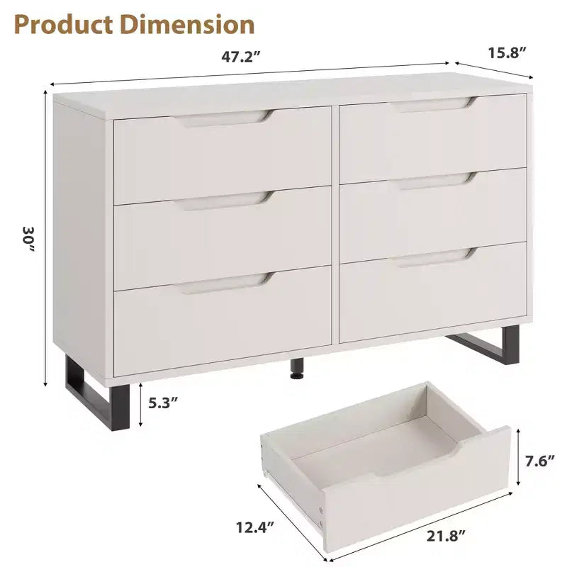 Commode à 6 tiroirs pour chambre à coucher, commode de 120 cm de large, meuble de rangement vertical autoportant avec rangement, commode de rangement en bois