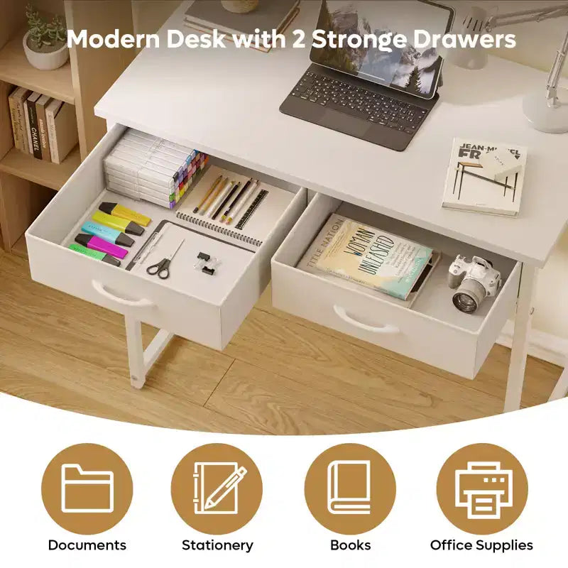 Bureau d'étude Pinmoco de 32 pouces avec 2 tiroirs en tissu et éclairage LED RGB, petit bureau d'ordinateur avec crochet de suspension pour petits espaces