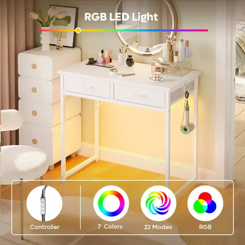 Bureau d'étude Pinmoco de 32 pouces avec 2 tiroirs en tissu et éclairage LED RGB, petit bureau d'ordinateur avec crochet de suspension pour petits espaces