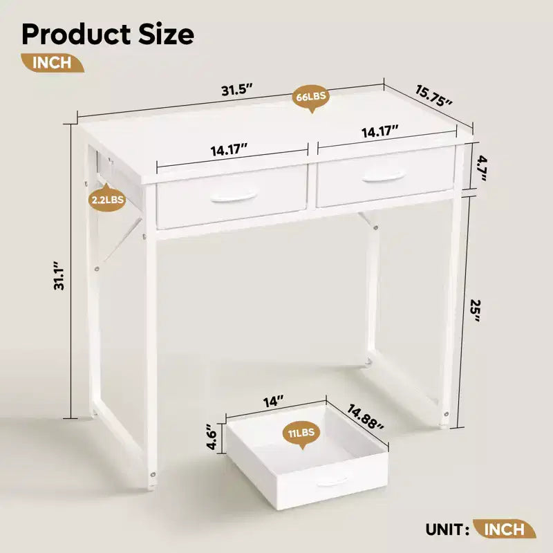 Bureau d'étude Pinmoco de 32 pouces avec 2 tiroirs en tissu et éclairage LED RGB, petit bureau d'ordinateur avec crochet de suspension pour petits espaces