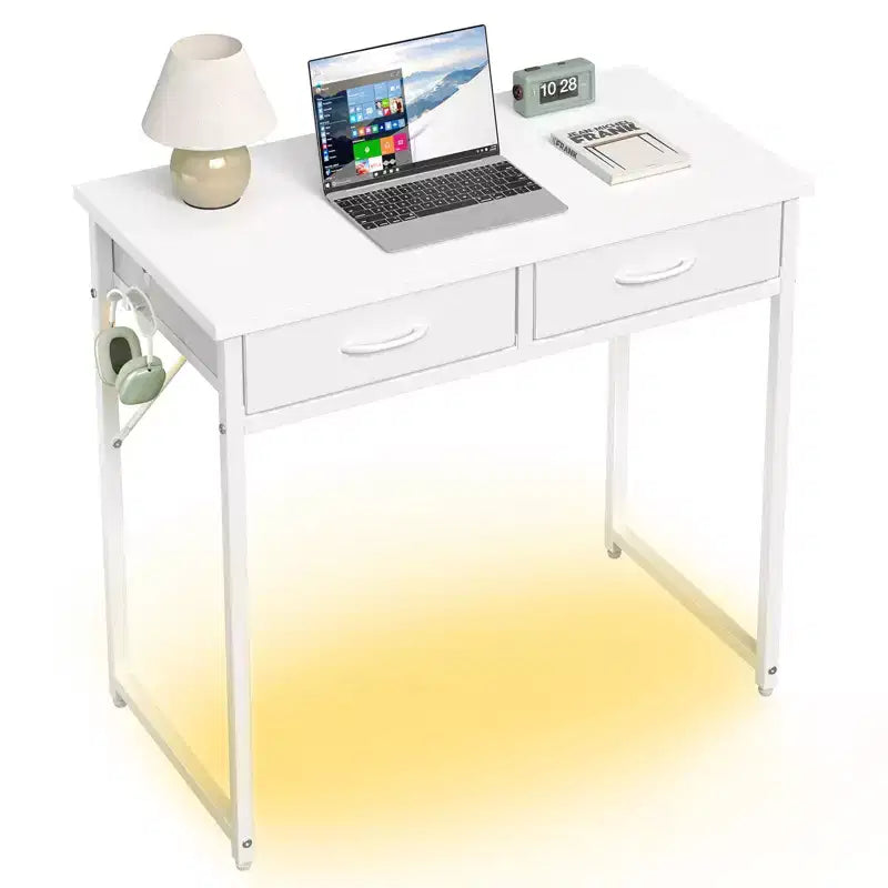 Bureau d'étude Pinmoco de 32 pouces avec 2 tiroirs en tissu et éclairage LED RGB, petit bureau d'ordinateur avec crochet de suspension pour petits espaces