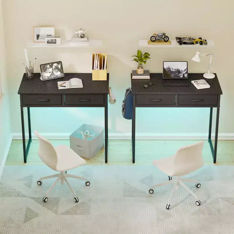 Bureau d'étude Pinmoco de 32 pouces avec 2 tiroirs en tissu et éclairage LED RGB, petit bureau d'ordinateur avec crochet de suspension pour petits espaces