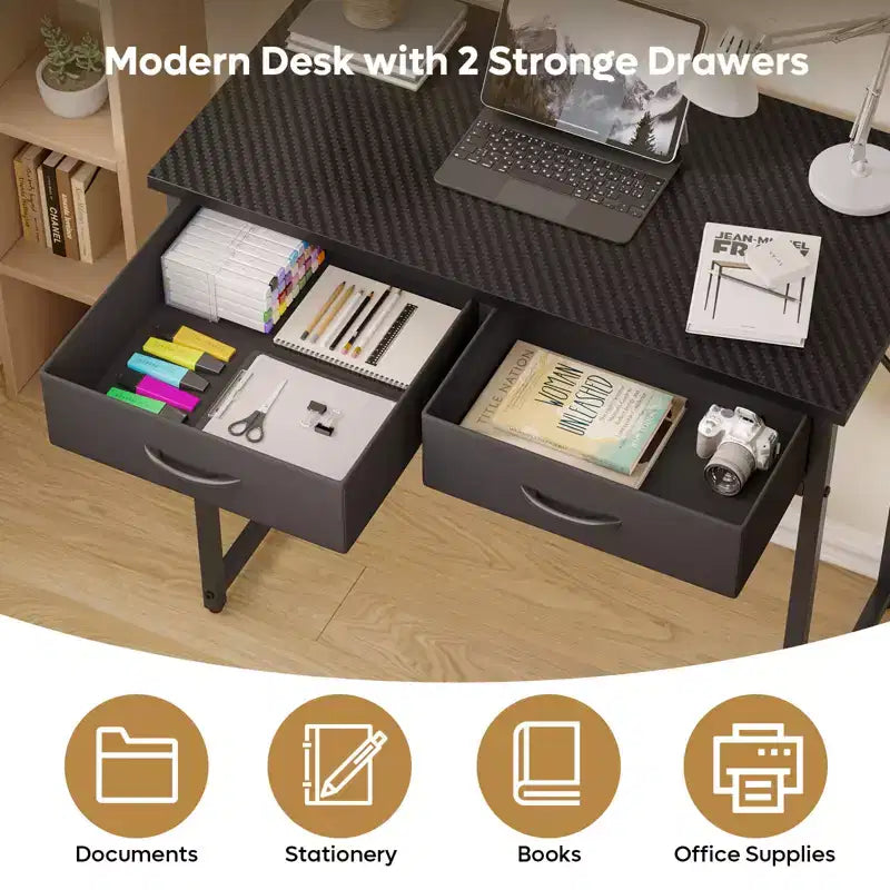 Bureau d'étude Pinmoco de 32 pouces avec 2 tiroirs en tissu et éclairage LED RGB, petit bureau d'ordinateur avec crochet de suspension pour petits espaces