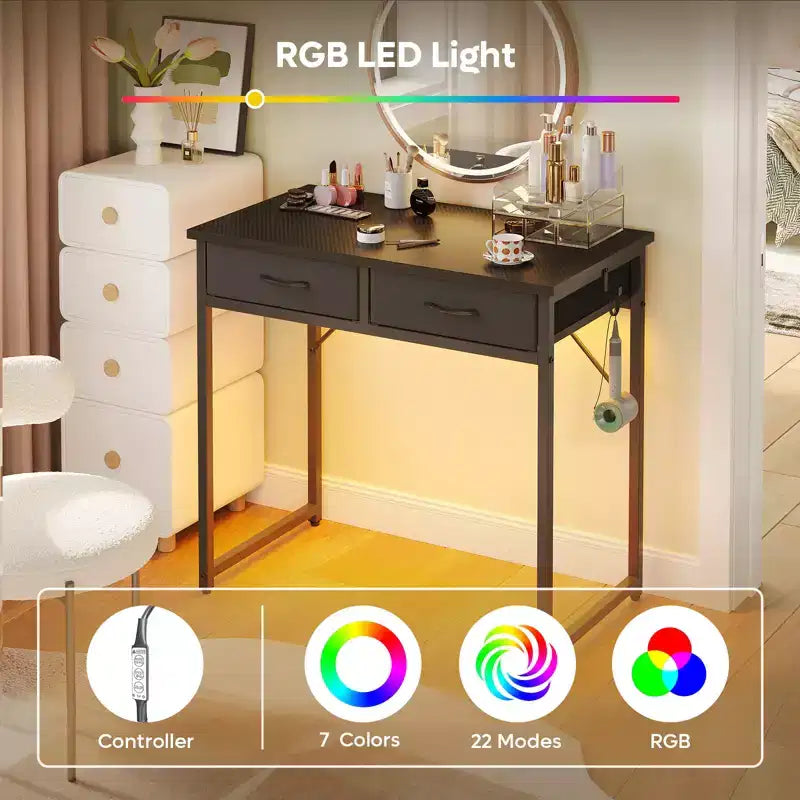 Bureau d'étude Pinmoco de 32 pouces avec 2 tiroirs en tissu et éclairage LED RGB, petit bureau d'ordinateur avec crochet de suspension pour petits espaces