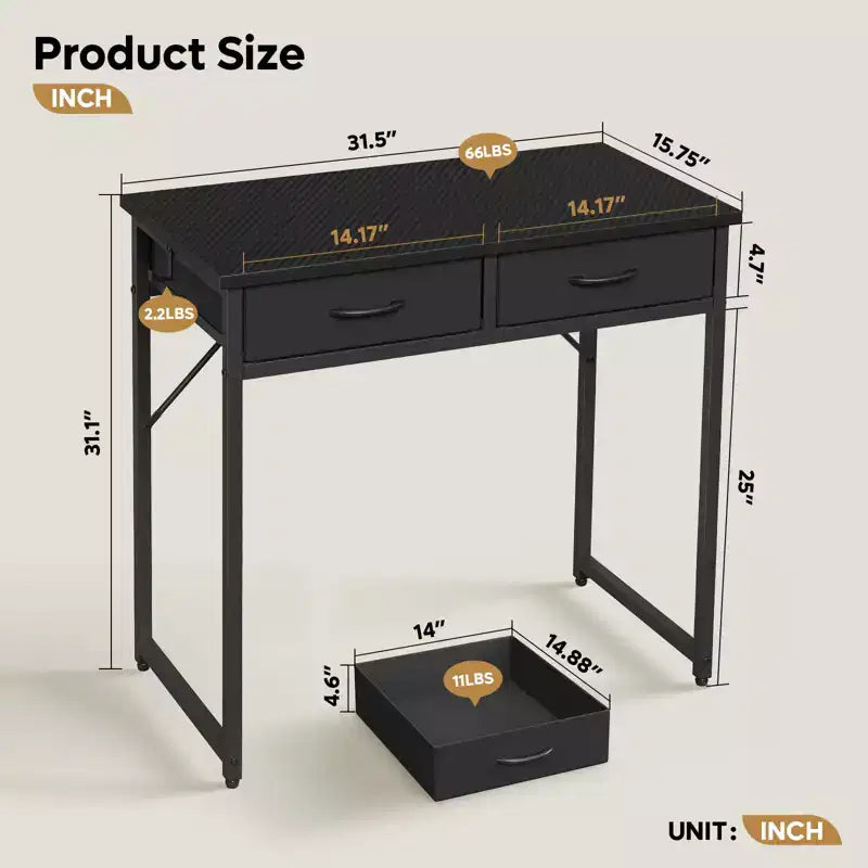 Bureau d'étude Pinmoco de 32 pouces avec 2 tiroirs en tissu et éclairage LED RGB, petit bureau d'ordinateur avec crochet de suspension pour petits espaces