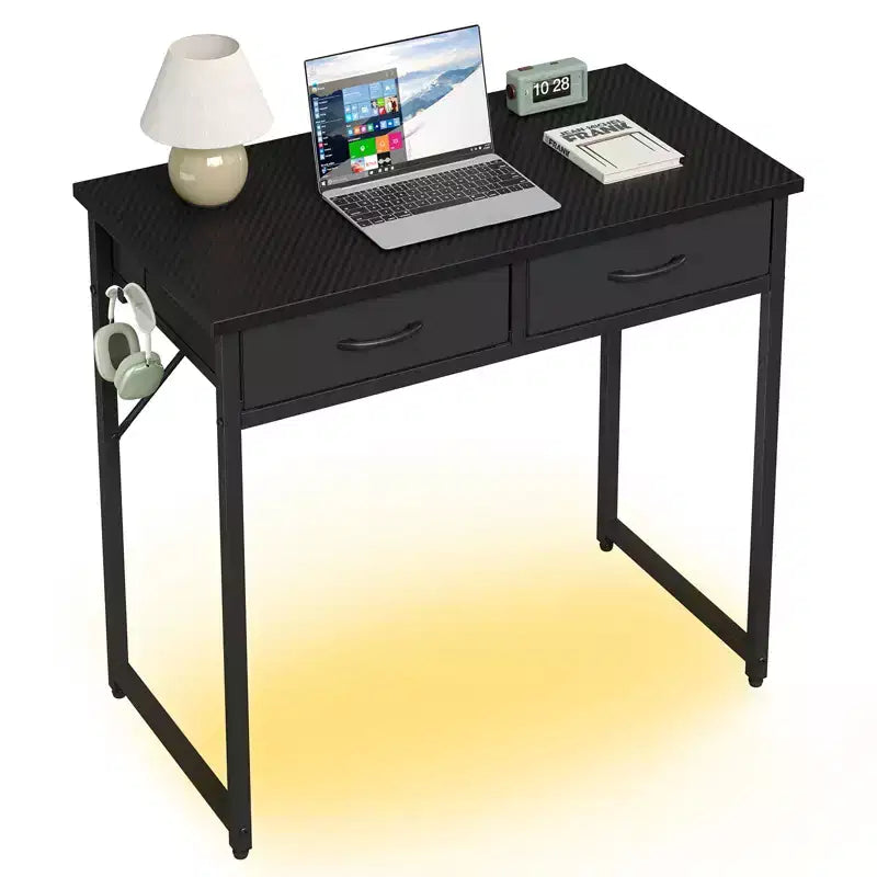 Bureau d'étude Pinmoco de 32 pouces avec 2 tiroirs en tissu et éclairage LED RGB, petit bureau d'ordinateur avec crochet de suspension pour petits espaces