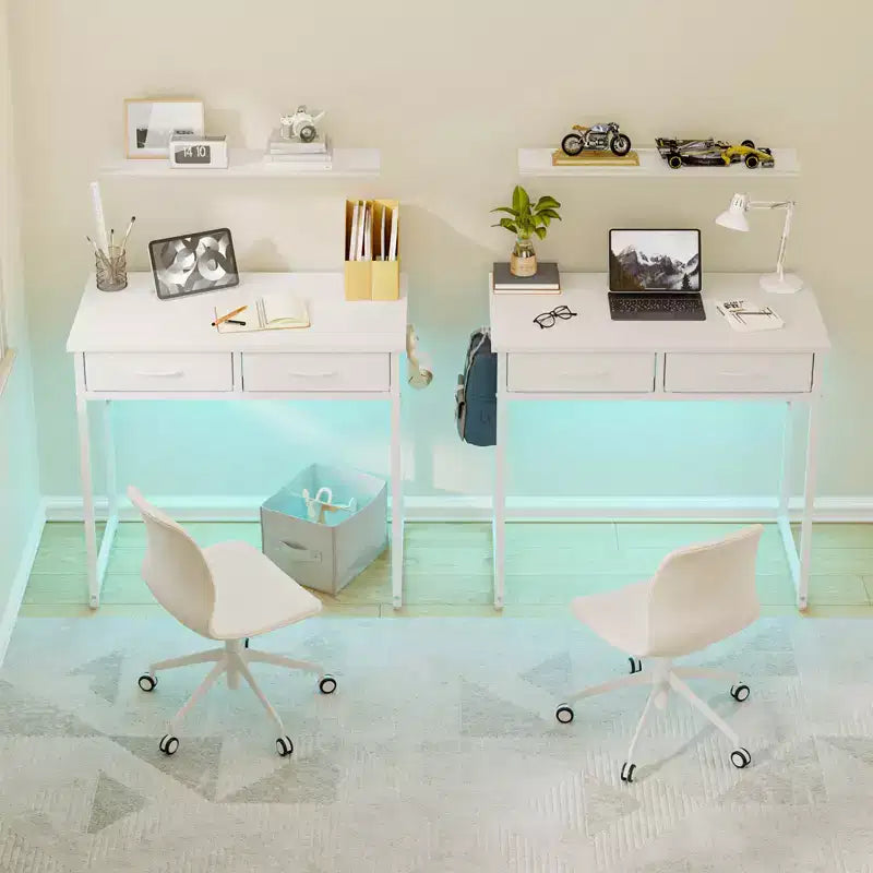 Bureau d'étude Pinmoco de 32 pouces avec 2 tiroirs en tissu et éclairage LED RGB, petit bureau d'ordinateur avec crochet de suspension pour petits espaces