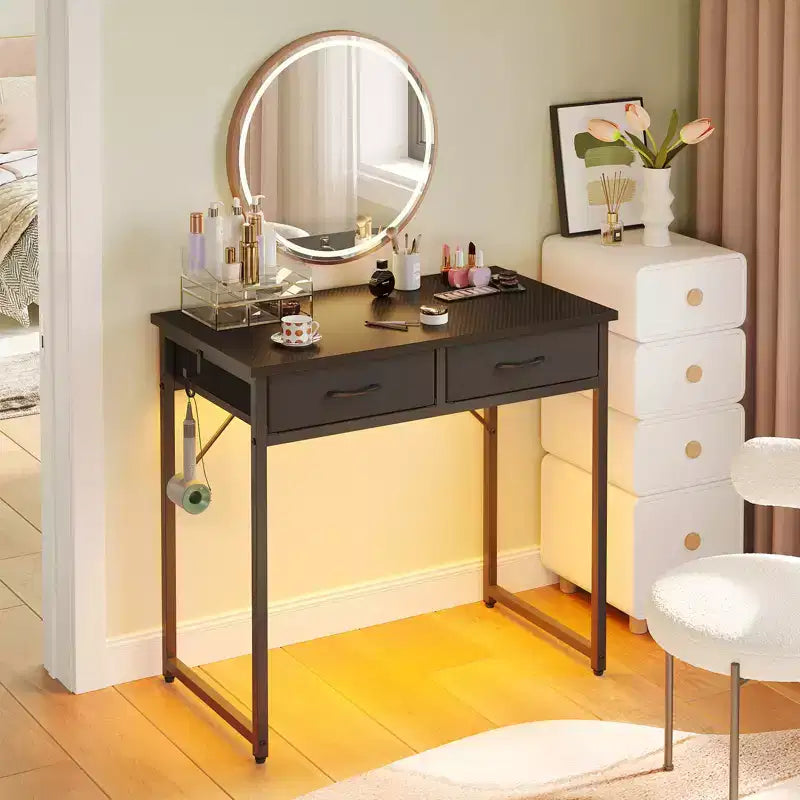 Pinmoco 32 inch Writing Desk with 2 Fabric Drawers & RGB LED Light, Small Computer Desk with Hanging Hook for Small Spaces