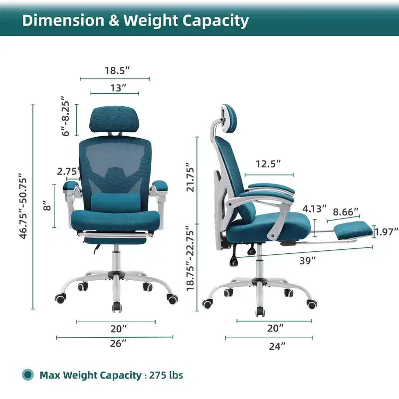 MAYEERTY Chaise de bureau pivotante à 360° réglable en hauteur, siège pneumatique, capacité de poids de 125 kg