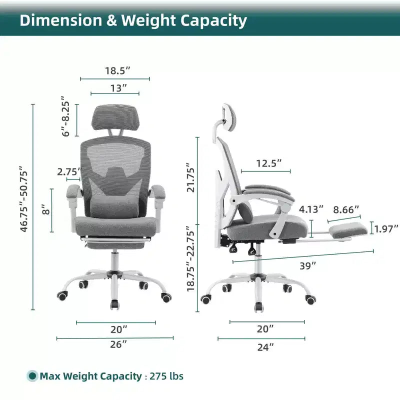 MAYEERTY Chaise de bureau pivotante à 360° réglable en hauteur, siège pneumatique, capacité de poids de 125 kg