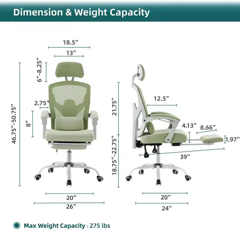 MAYEERTY Chaise de bureau pivotante à 360° réglable en hauteur, siège pneumatique, capacité de poids de 125 kg