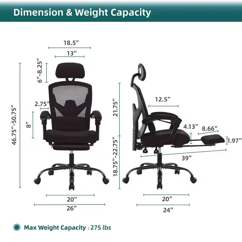 MAYEERTY Chaise de bureau pivotante à 360° réglable en hauteur, siège pneumatique, capacité de poids de 125 kg