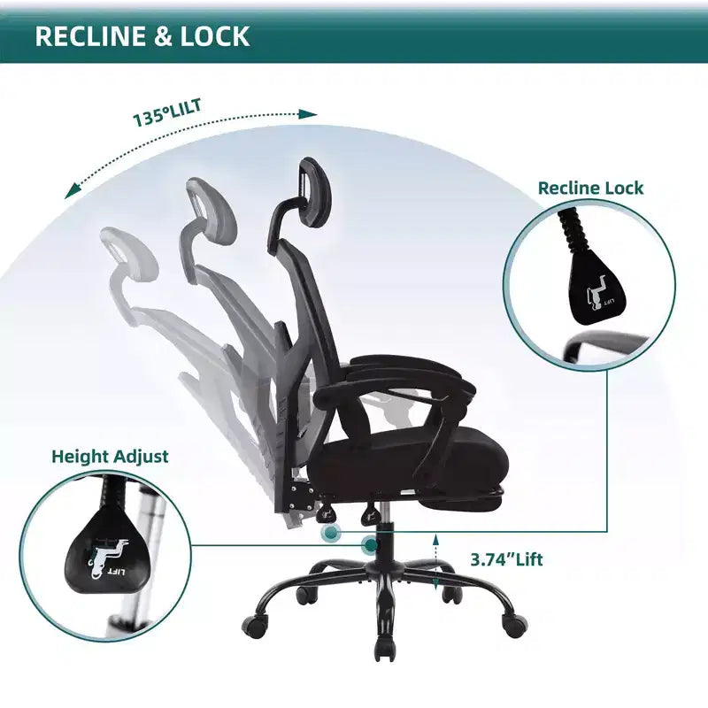 MAYEERTY Chaise de bureau pivotante à 360° réglable en hauteur, siège pneumatique, capacité de poids de 125 kg