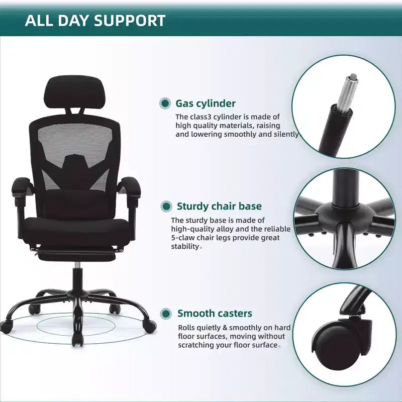 MAYEERTY Chaise de bureau pivotante à 360° réglable en hauteur, siège pneumatique, capacité de poids de 125 kg