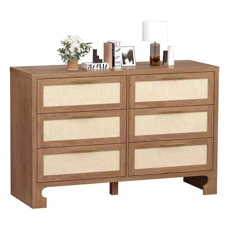6 Drawers Dresser for Bedroom, Mid Century Modern Dresser Wooden Burlap Dressers, Storage Cabinet, Boho Wide Dresser & Chest of Drawers
