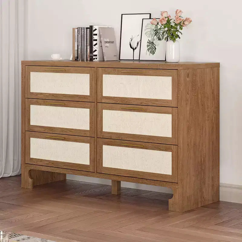 Commode à 6 tiroirs pour chambre, commode moderne du milieu du siècle en bois et toile de jute, armoire de rangement, commode large et chiffonnier bohème