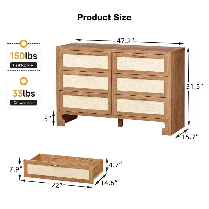 Commode à 6 tiroirs pour chambre, commode moderne du milieu du siècle en bois et toile de jute, armoire de rangement, commode large et chiffonnier bohème