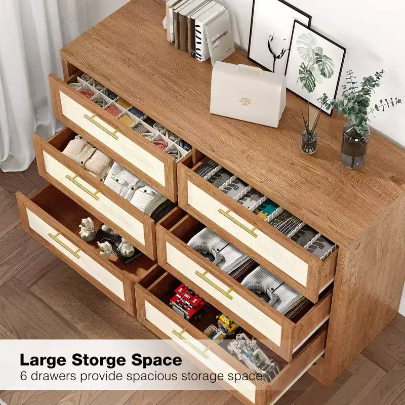 Commode à 6 tiroirs pour chambre, commode moderne du milieu du siècle en bois et toile de jute, armoire de rangement, commode large et chiffonnier bohème