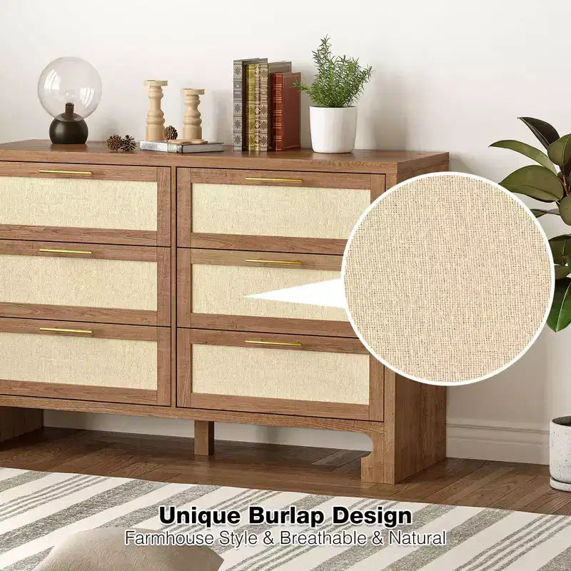 Commode à 6 tiroirs pour chambre, commode moderne du milieu du siècle en bois et toile de jute, armoire de rangement, commode large et chiffonnier bohème