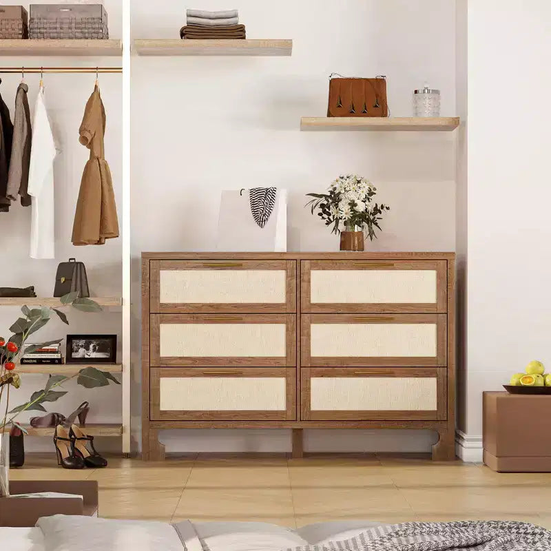 Commode à 6 tiroirs pour chambre, commode moderne du milieu du siècle en bois et toile de jute, armoire de rangement, commode large et chiffonnier bohème