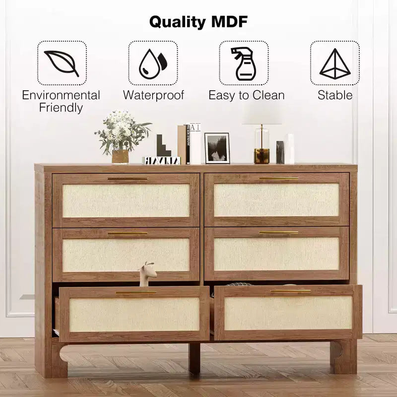 Commode à 6 tiroirs pour chambre, commode moderne du milieu du siècle en bois et toile de jute, armoire de rangement, commode large et chiffonnier bohème