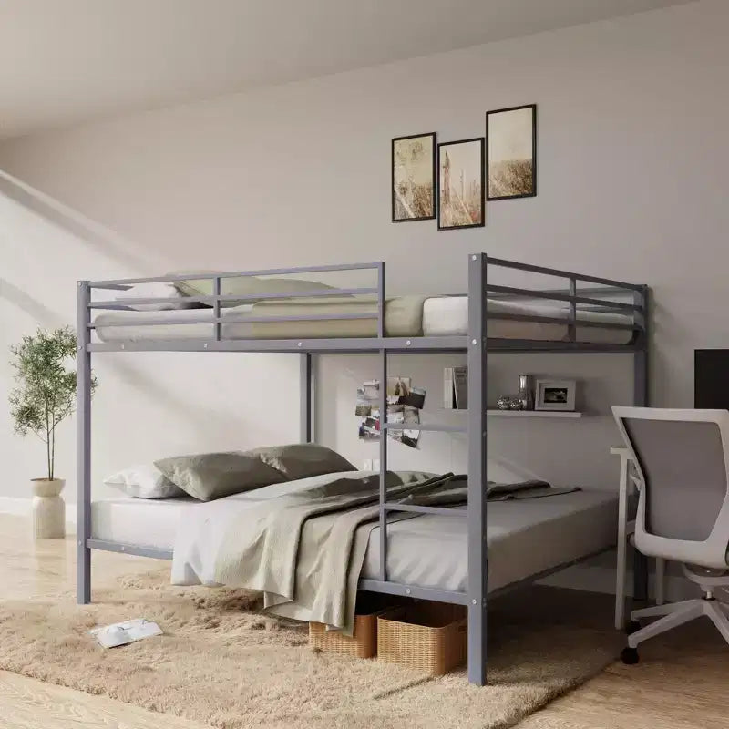 Full Over Full Bunk Bed, Heavy Duty Metal Bunk Bed Frame,No Boxspring Required, For Small Spaces,Gray