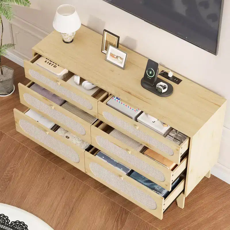 Commode à 6 tiroirs en rotin, avec ports USB et prises de courant, 6 tiroirs de rangement pour chambre à coucher, salon, couloir, chevet, salle à manger, couloir