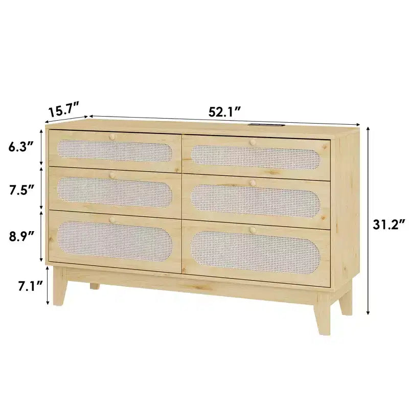 Commode à 6 tiroirs en rotin, avec ports USB et prises de courant, 6 tiroirs de rangement pour chambre à coucher, salon, couloir, chevet, salle à manger, couloir