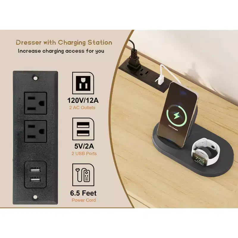 Commode à 6 tiroirs en rotin, avec ports USB et prises de courant, 6 tiroirs de rangement pour chambre à coucher, salon, couloir, chevet, salle à manger, couloir