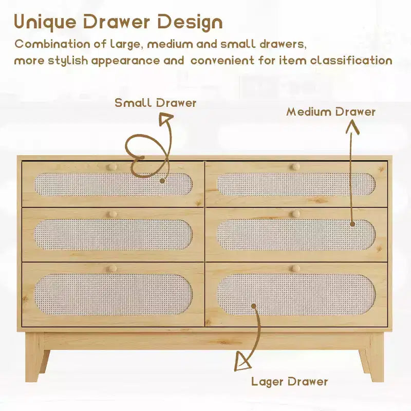 Commode à 6 tiroirs en rotin, avec ports USB et prises de courant, 6 tiroirs de rangement pour chambre à coucher, salon, couloir, chevet, salle à manger, couloir