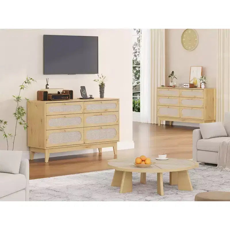 Commode à 6 tiroirs en rotin, avec ports USB et prises de courant, 6 tiroirs de rangement pour chambre à coucher, salon, couloir, chevet, salle à manger, couloir