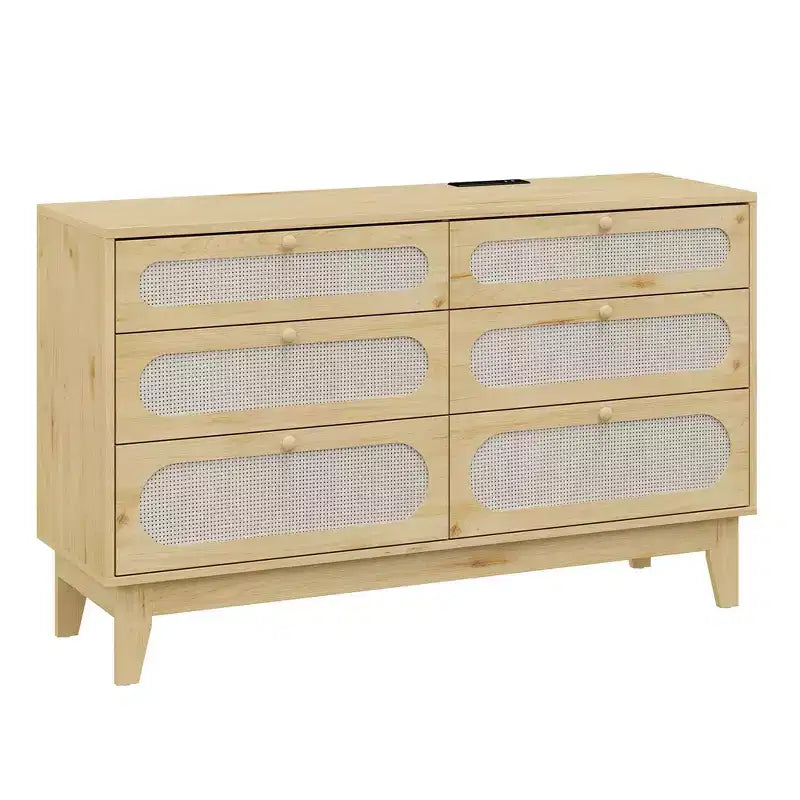 Commode à 6 tiroirs en rotin, avec ports USB et prises de courant, 6 tiroirs de rangement pour chambre à coucher, salon, couloir, chevet, salle à manger, couloir