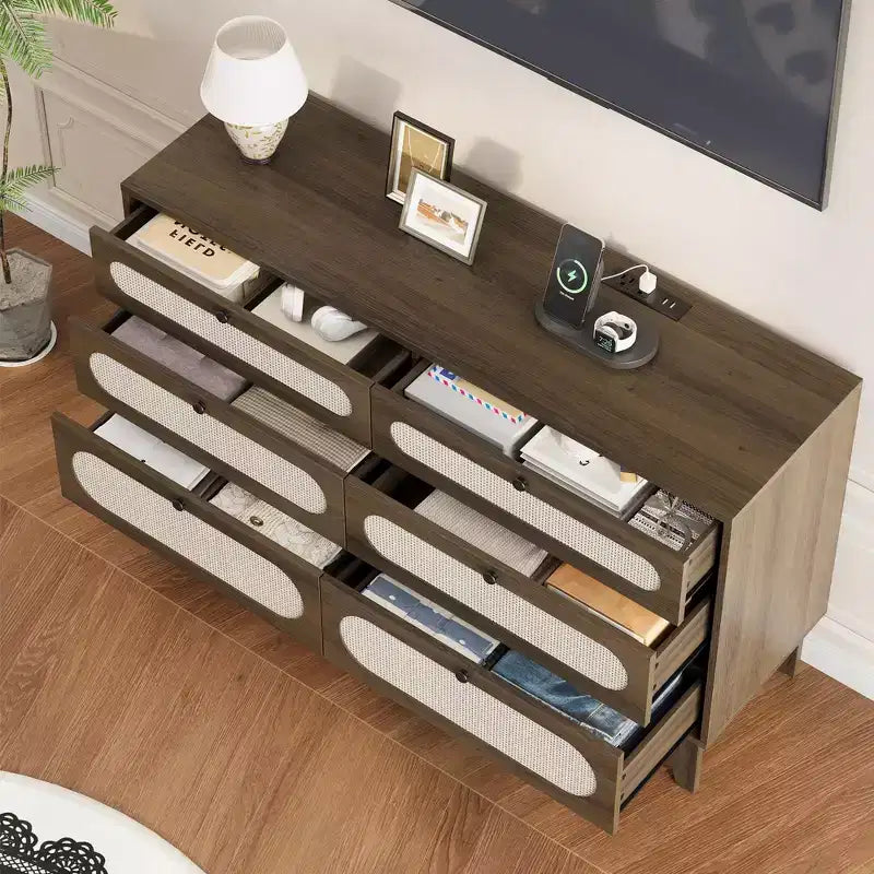Commode à 6 tiroirs en rotin, avec ports USB et prises de courant, 6 tiroirs de rangement pour chambre à coucher, salon, couloir, chevet, salle à manger, couloir