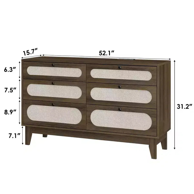 Commode à 6 tiroirs en rotin, avec ports USB et prises de courant, 6 tiroirs de rangement pour chambre à coucher, salon, couloir, chevet, salle à manger, couloir